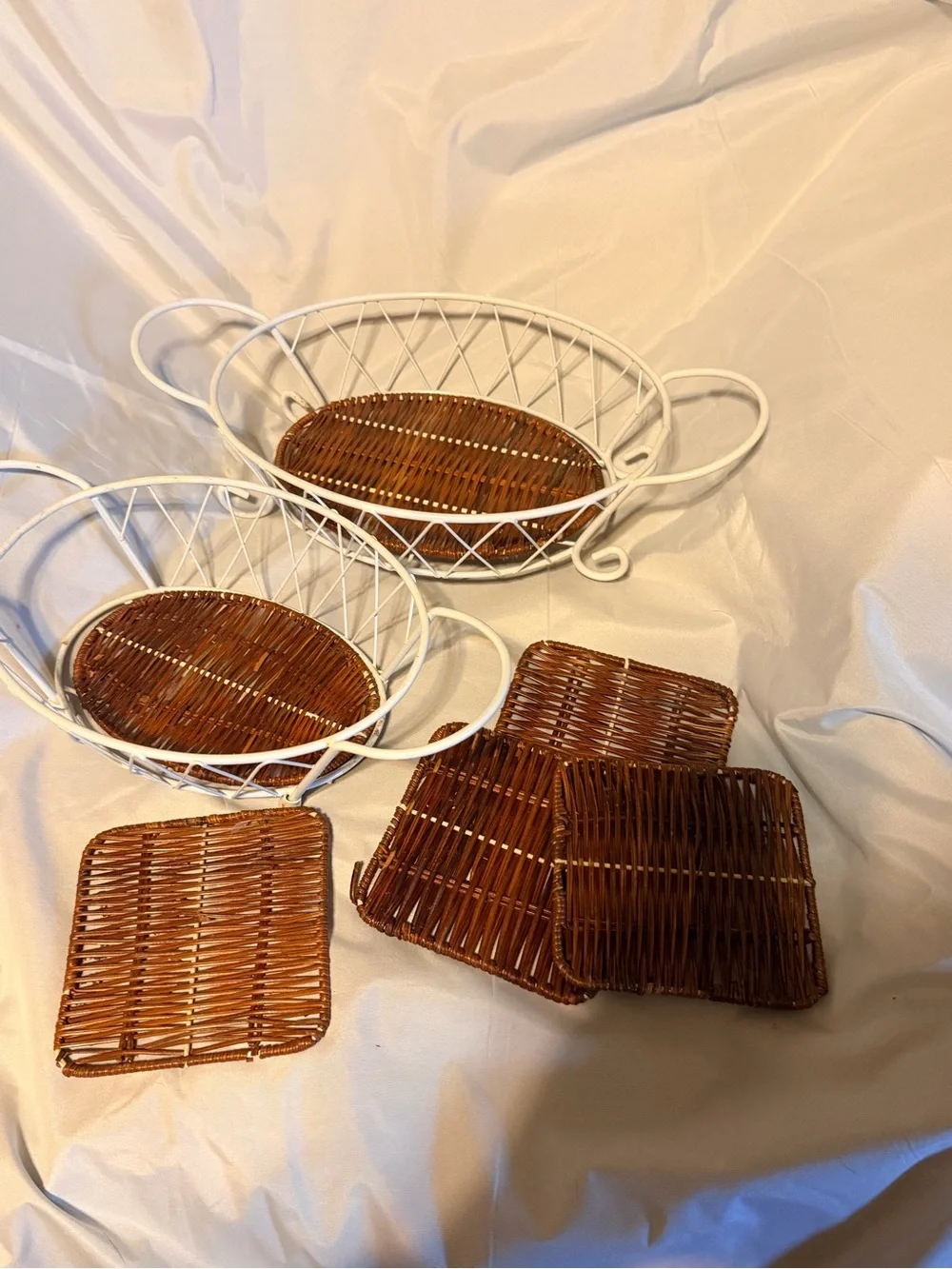 White Wire Wicker Serving Basket Set French Country Cottagecore Kitchen Decor